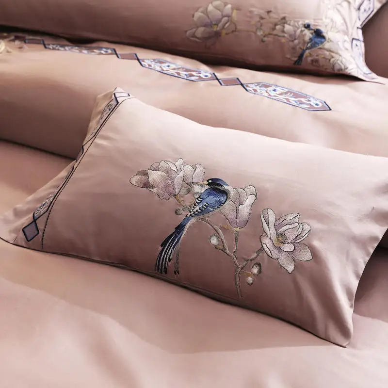 60s long staple cotton Bedding Set luxury embroidery Bed Light pink Duvet Cover Sheet Pillowcases Queen King size | Дом и сад