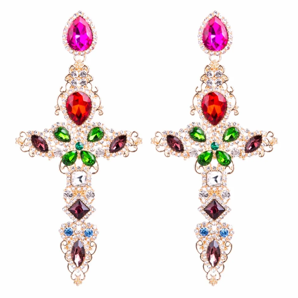 Gorgeous Gothic Rhinestone Crystal Big Cross Earrings for Women Fashion Baroque Drop Dangle Ethnic Jewelry | Украшения и