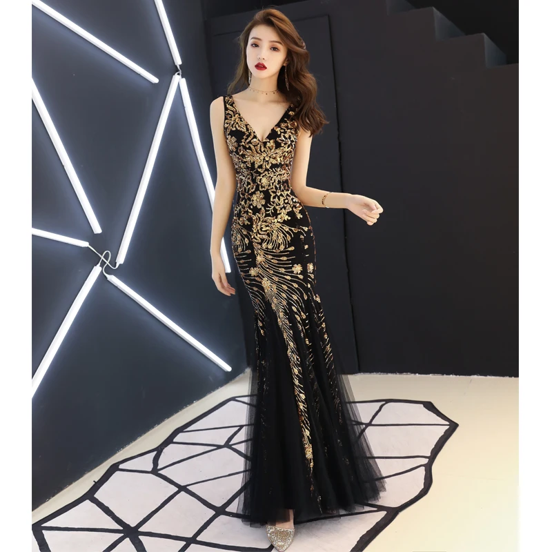Черное блестящее длинное платье для свадьбы банкета бара ночного клуба диджея DS