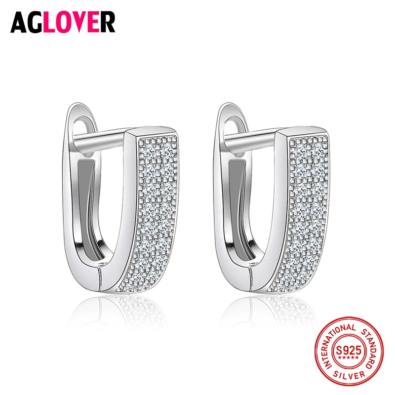 AGLOVER Fashion Original 100% 925 Sterling Silver Hoop Earrings Jewelry Luxury Clear CZ U Shape for Women | Украшения и