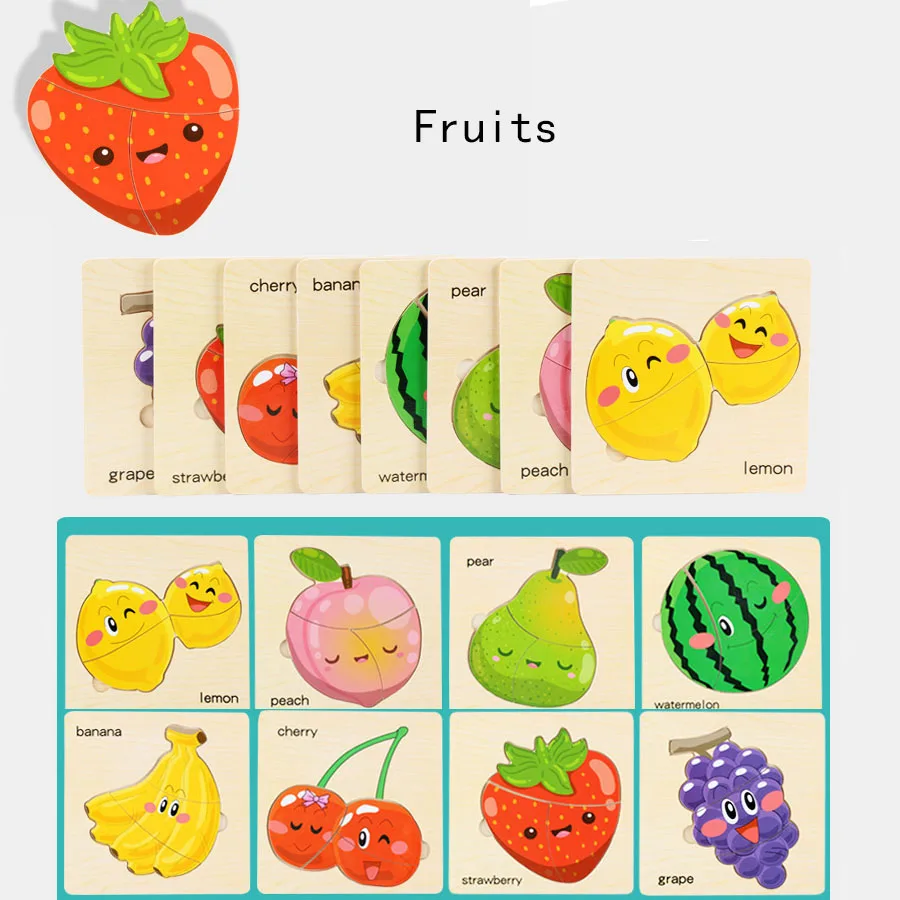 Fruit Theme 8 шт./компл. 3 D деревянные головоломки мультфильм животных/дорожного движения/фрукты/овощи тема 15*15 см головоломки Развивающие игрушки для детей - Цвет: Fruit Theme