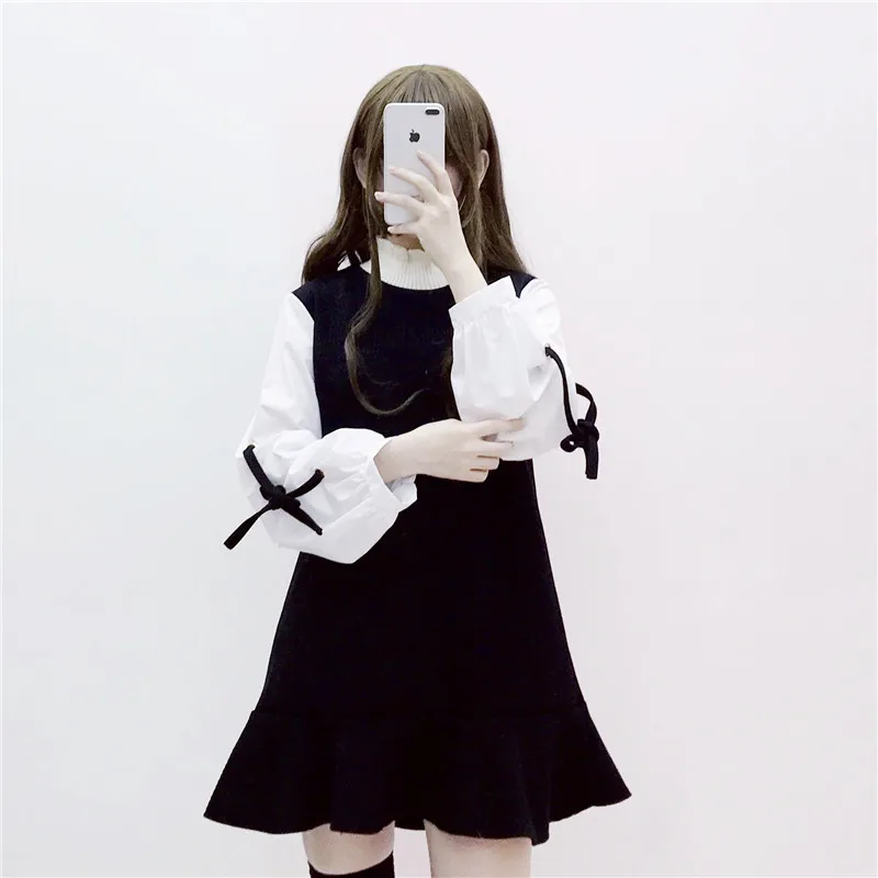 

Female Autumn Winter New Dress Japanese Sweet And Lovely Student Lantern Sleeve Ruffled Casual Casual Black Dress