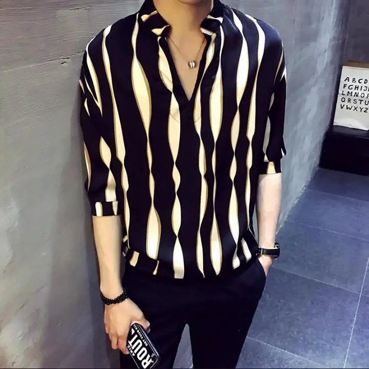 Sunwang мужские рубашки пуловер летние полосатые s Social Camisas Para Hombre v образный вырез
