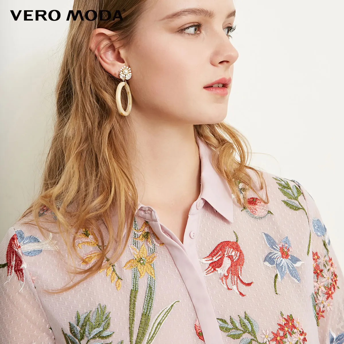 VeroModa 2019 весна лето новый женский отложной воротник с принтом локоть расклешенные