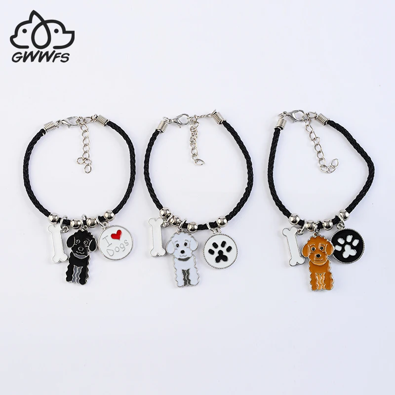 

Браслеты с подвесками в виде пуделя для женщин и девушек, мужчин, веревочная цепочка серебристого цвета, модный браслет из металлического с...