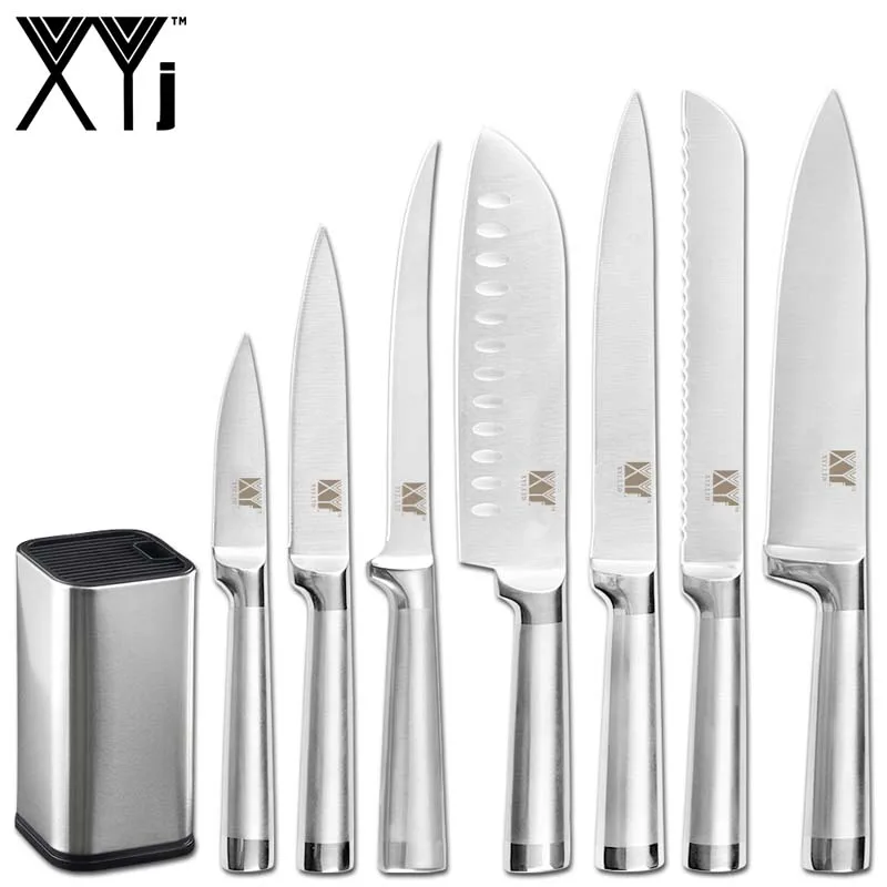 B.8pcs set XYj Kitchen 8pcs Stainless Steel Knives Set 8 inch Knife Stand Boning Santoku Knives Fish Sushi Japanese Style Cooking Tools - Цвет: B.8pcs set