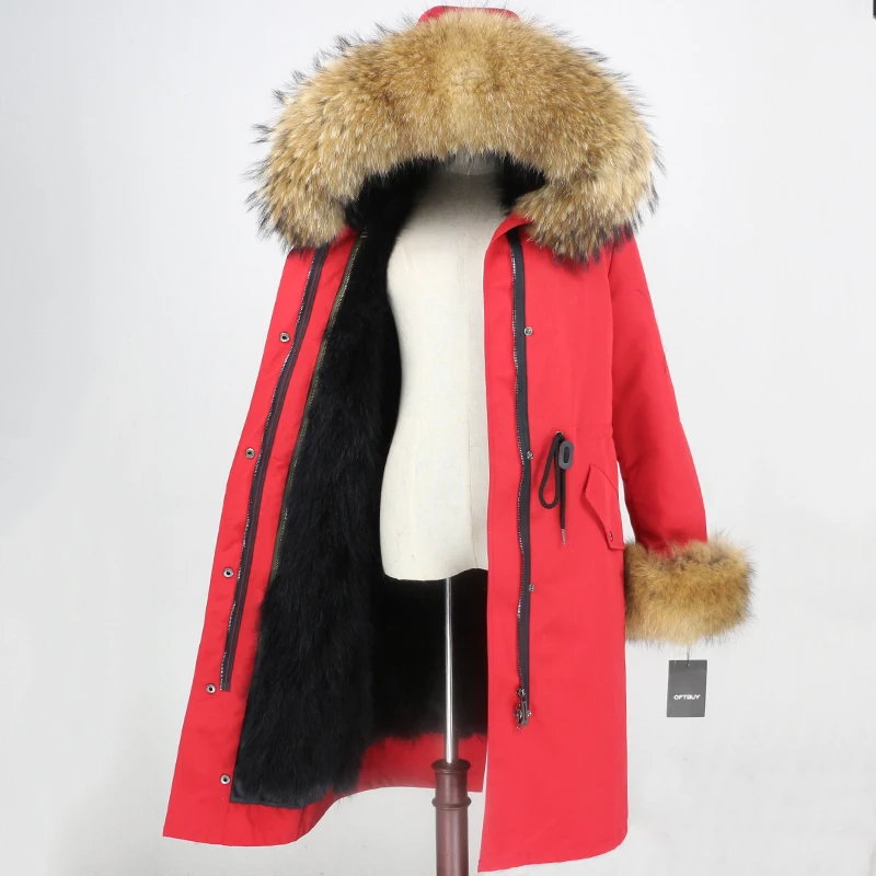 red natural OFTBUY, водонепроницаемая верхняя одежда, удлиненная парка, зимняя куртка для женщин, натуральный мех енота, капюшон, пальто из натурального кроличьего меха, теплая уличная одежда, новинка - Цвет: red natural