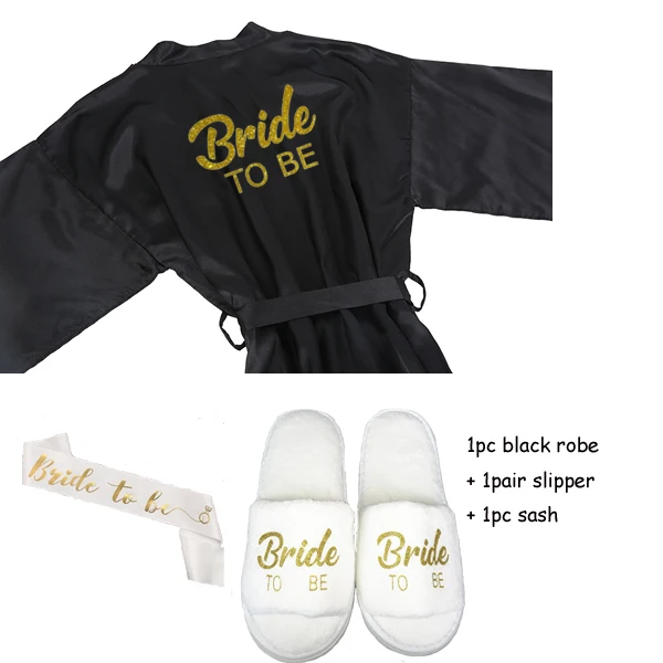 black 3pc set Sisbigdey/комплект из 3 предметов для невесты; халат; тапочки; Атласный халат с поясом; женские блестящие золотые вечерние кимоно для невесты - Цвет: black 3pc set