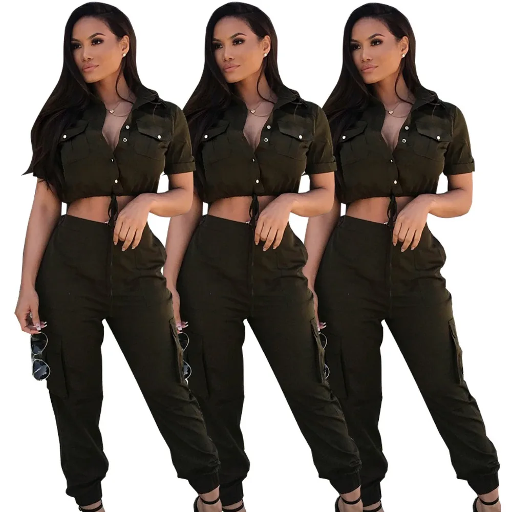 Summer women Overalls 2018 Jumpsuit Safari Style Short Shirt + Full Pants With Pocket 2PCS Sets Trucksuit casual fashion rompers | Женская