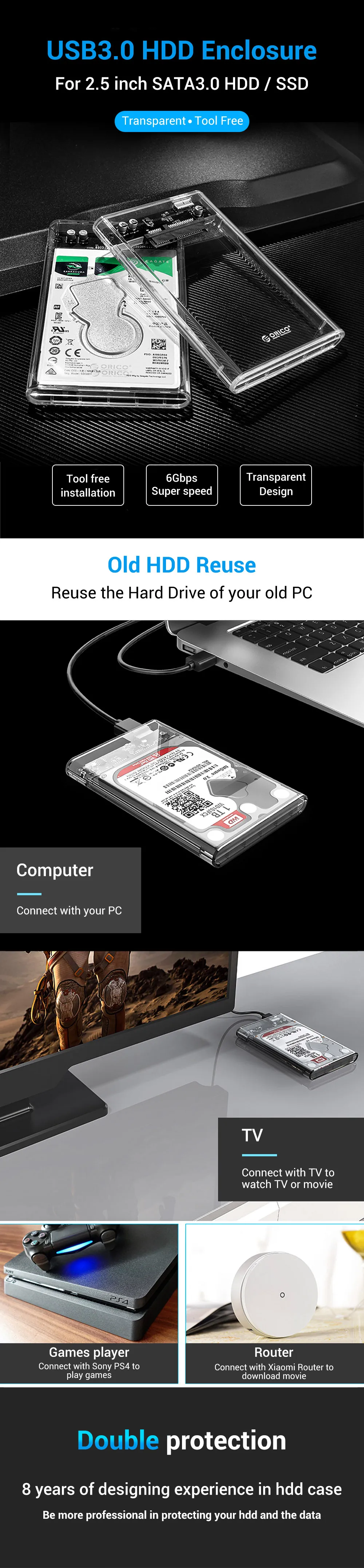 ORICO 2,5 дюймовый Прозрачный чехол для жесткого диска USB3.0 на Sata 3,0, 5 Гбит/с, поддержка 2 ТБ, протокол UASP, корпус для жесткого диска 2139U3