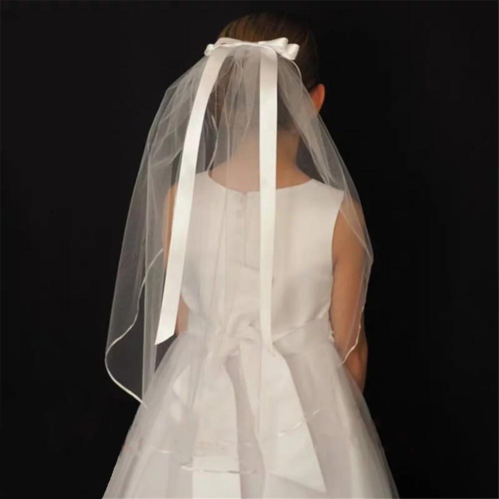 2019 Новый Белый Кот Дети Девочки Первое причастие Фата Тюль Лук с расческой