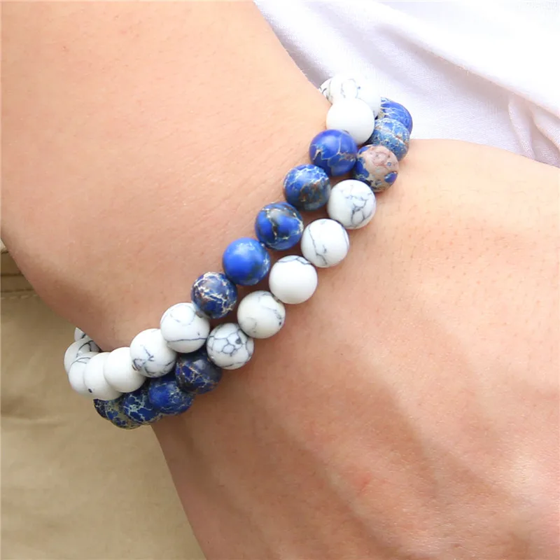 

2 Pcs Couple Bracelets Men Lapis Lazuli Puseras Mujer Moda White Natural Turquoises Stone Beads Bracelet Pierre Naturelle Bangle