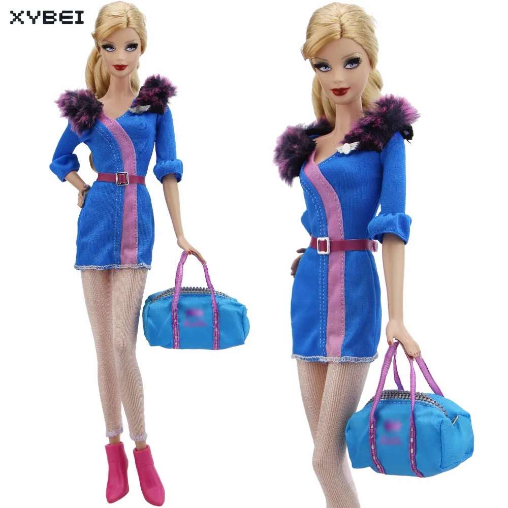 Высокое качество наряд синий меховой воротник Стюардесса Авиакомпании платье