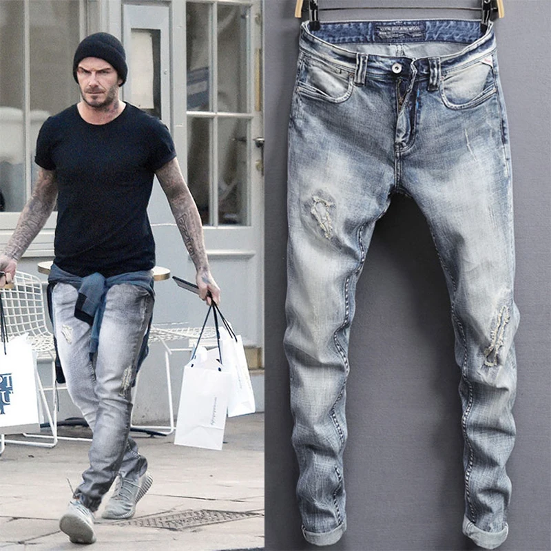 Джинсы мужские рваные в стиле хип хоп модные эластичные штаны Slim Fit цвет голубой