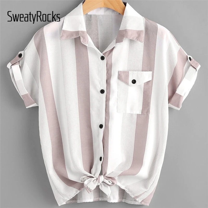 SweatyRocks плюс полосатая блузка с карманами спереди, с закатанными рукавами, уличная одежда с узлом спереди, топы, летние повседневные женские блузки