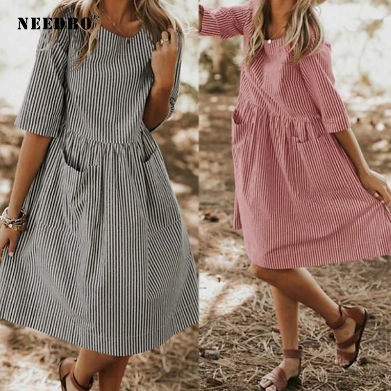 NEEDBO Summer Dresses Large Size Casual O Neck Half Sleeve Pocket Party Dress Work Stripe Ladies Women Elegant Vestidos | Женская одежда