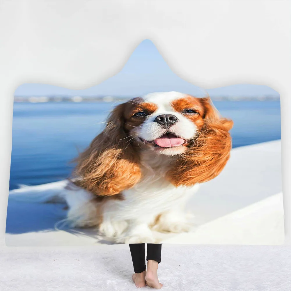 3D одеяло с капюшоном с изображением животных, Шарля спаниеля, Bichon, супер качество, шерпа, флисовое переносное одеяло, плотное теплое одеяло для дивана и кровати
