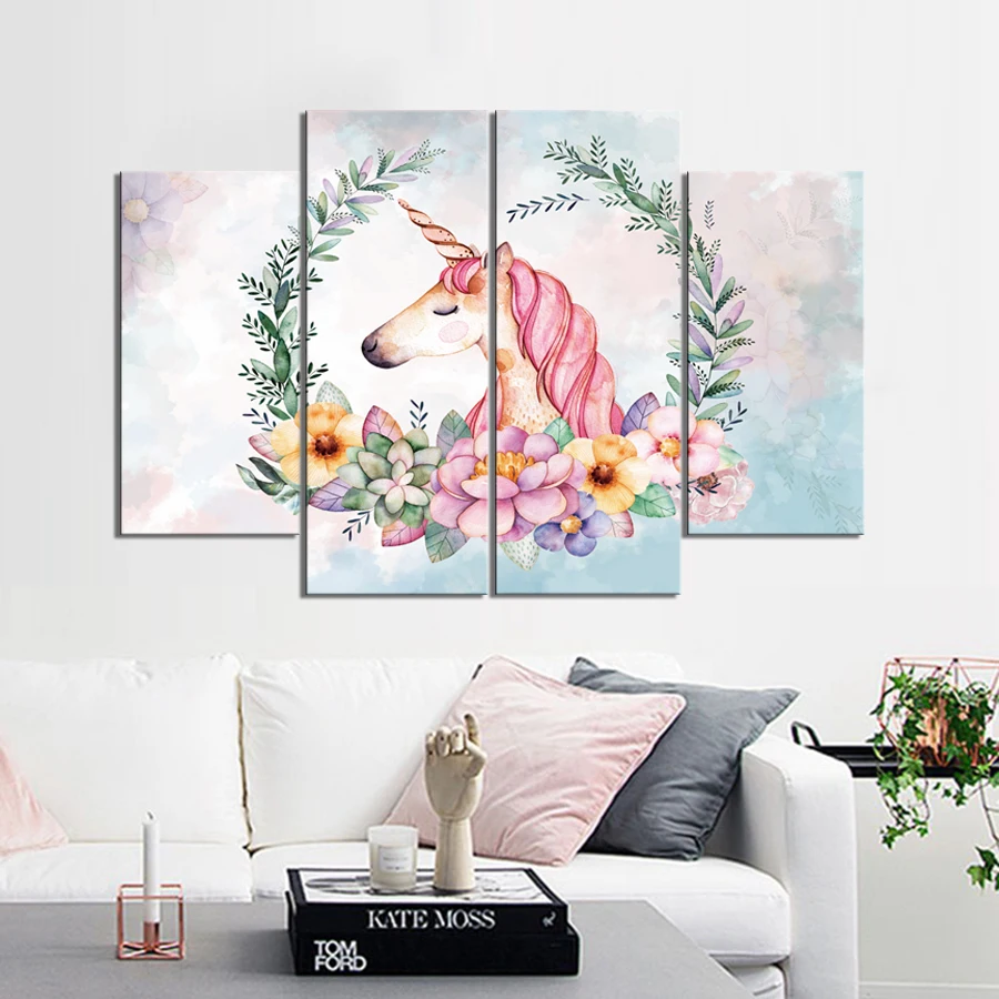 Картины с единорогом под гирляндой 4 шт. (без рамки) печать на холсте современное