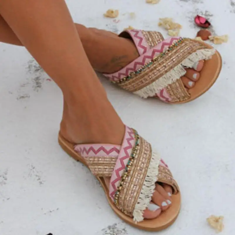 Женские летние пляжные босоножки на плоской подошве Туфли с открытым носком