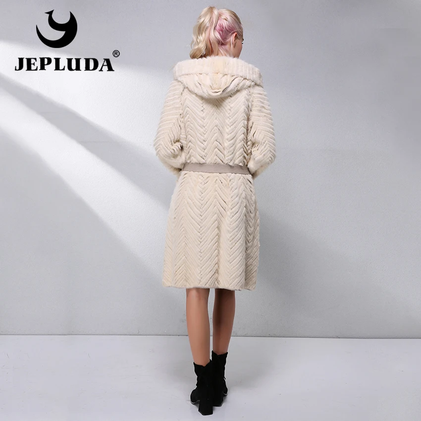 JEPLUDA Норковая Шуба Натуральный Мех с Капюшон Длительный Зимнее Женские Пальто Норки Кролики Натуральной Вязаная Норка Полушубок с Шерстяное Зимняя Куртка Женская Приталенная