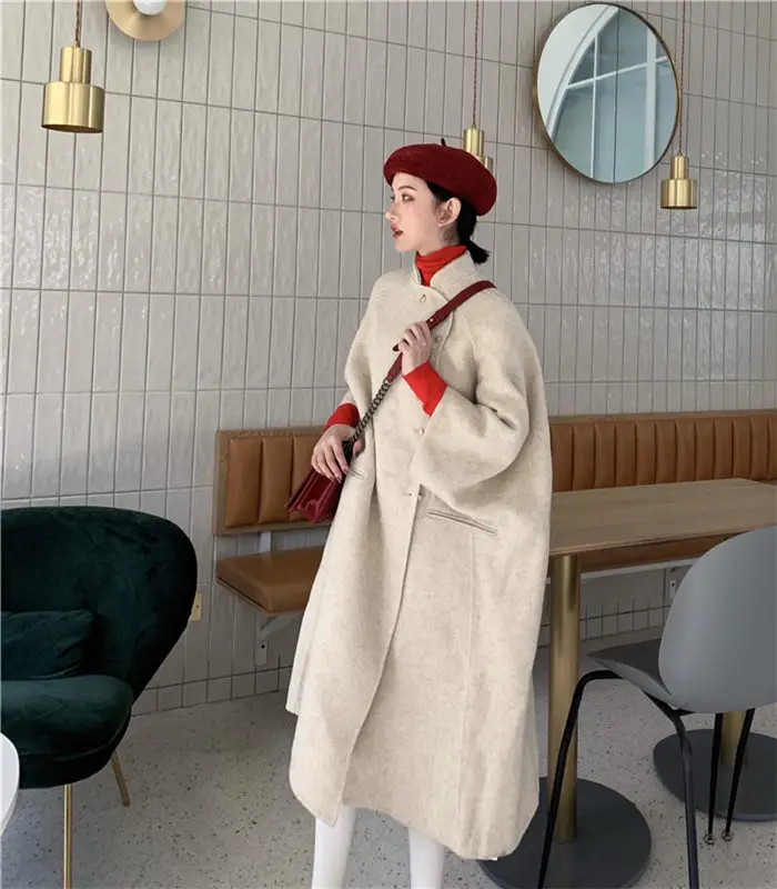 Plus Size casaco feminino inverno Stand Collar Windbreaker Retro Fashion Loose Long Section Long Sleeve Woolen Coat f1121