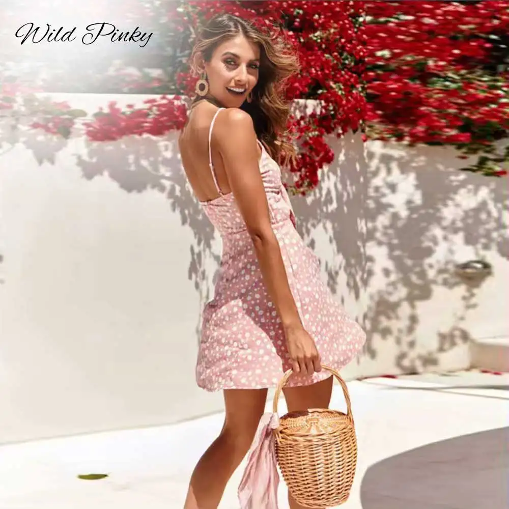 Женское платье с цветочным принтом WildPinky розовое пляжное мини бантом на лето