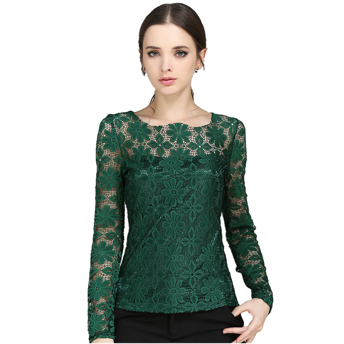 Новый стиль моды женщин тонкий длинный рукав кружева рубашки блузки| |