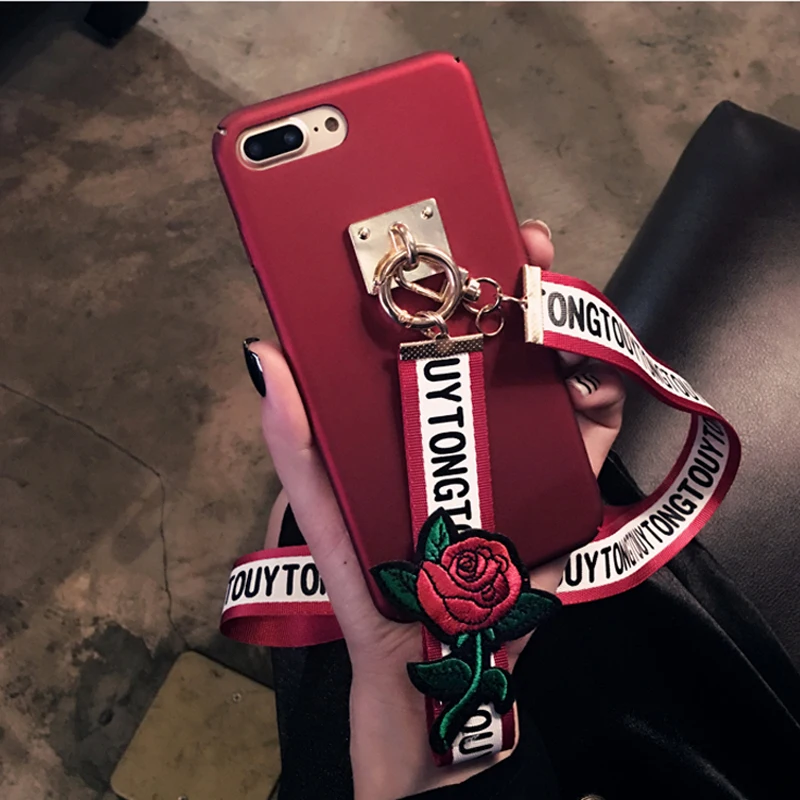 for iPhone 11 pro max X Xs 8 plus 7 6 6s Plain Color Red Matte Hard PC Case Cover 3D Flower Patterned Neck Wrist Strap Lanyard | Мобильные