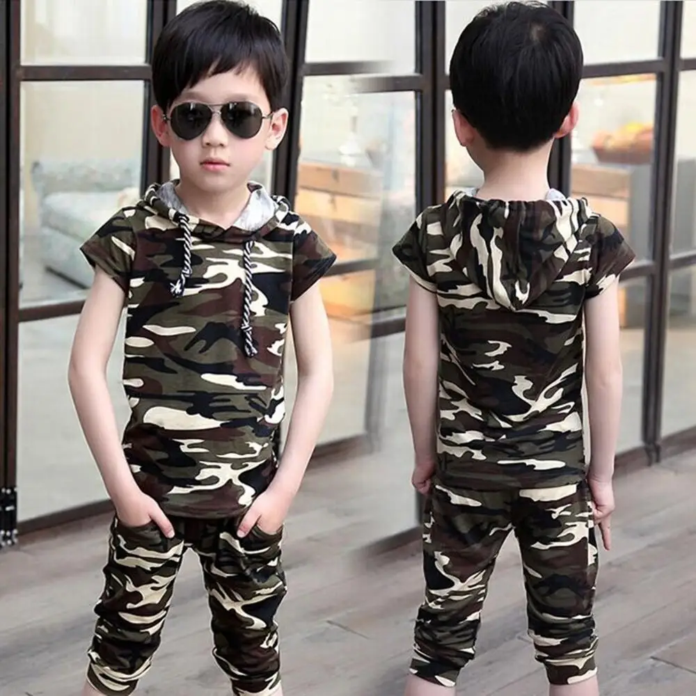 

2021 Summer Boys Fashion Camouflage Clothing Suit Kids Short-Sleeve Hooded T-Shirt Pants Twinset Kids Casual Sports Clothes X365