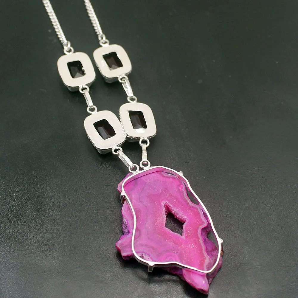 

Natural Hole AgateDruzy Blood Red Garnet 925 Sterling Silver Color Pendant Necklace Women Charm Jewelry 19 Inch H176