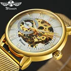 Часы наручные WINNER Мужские механические, брендовые роскошные золотистые полностью стальные, с римскими цифрами и скелетом