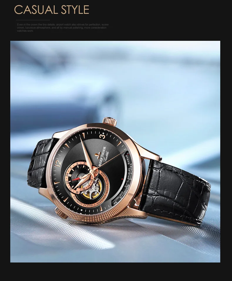 Reef Tiger/RT Дизайнерские повседневные часы автоматические часы из натуральной кожи ремешок синий циферблат часы из нержавеющей стали RGA1693