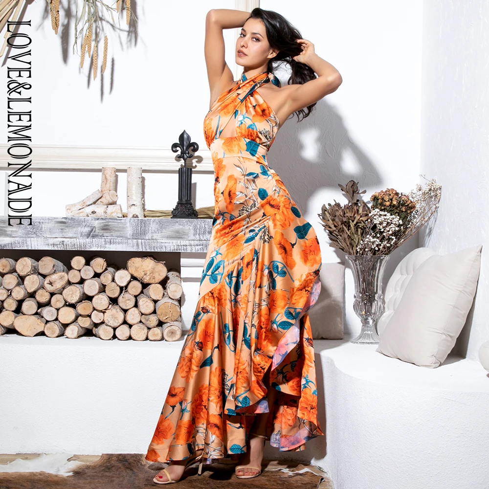 Женское платье макси LOVE & LEMONADE оранжевое с разрезом на боку и оборками модель