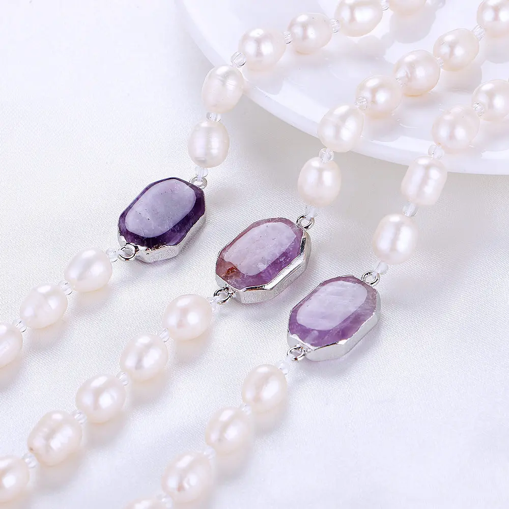 Yumten White Pearl Bracelet Strand Infinity Womens Bangle Jewelry Natural Stone Amethyst Chain Link Silver Accessories | Украшения и