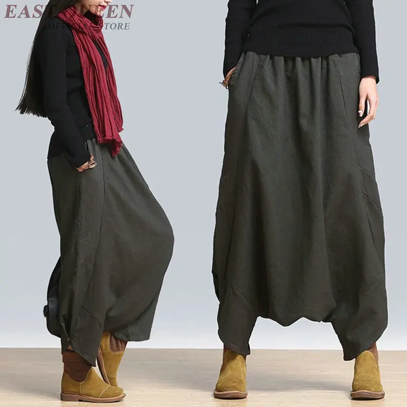 

New women's cross pants hip hop street dance pant solid loose maxi mid elastic waist pleated plus size women clothing AA3306 F