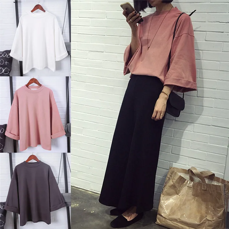 Однотонная простая повседневная футболка с рукавом 3/4 женская модная свободная