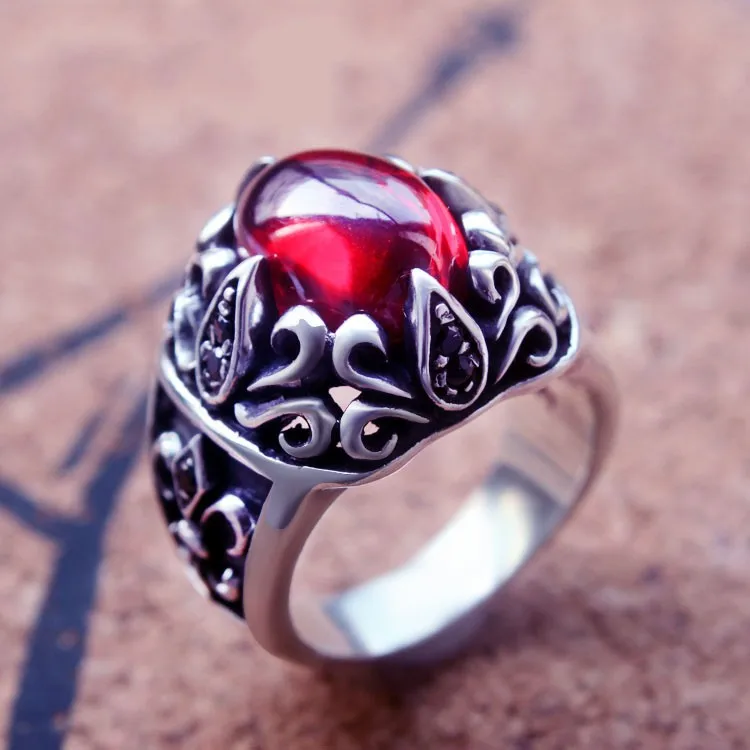 Серебряное кольцо с цветком якоря S925 из черного оникса красным цирконием Мужская