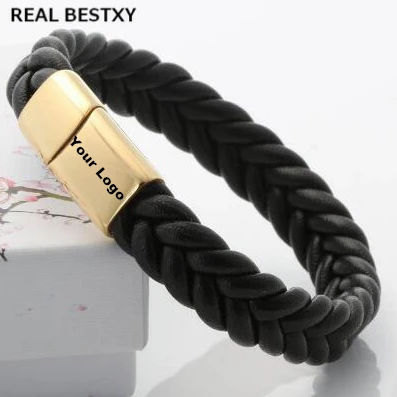Черный кожаный браслет BESTXY с логотипом на заказ из нержавеющей стали магнитной
