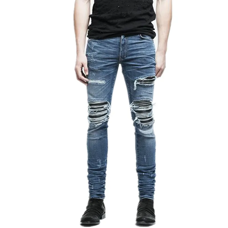 Фото Джинсы мужские зауженные на молнии, байкерские Брюки slim fit, винтажные рваные джинсы Джастина Бибера, синие №4