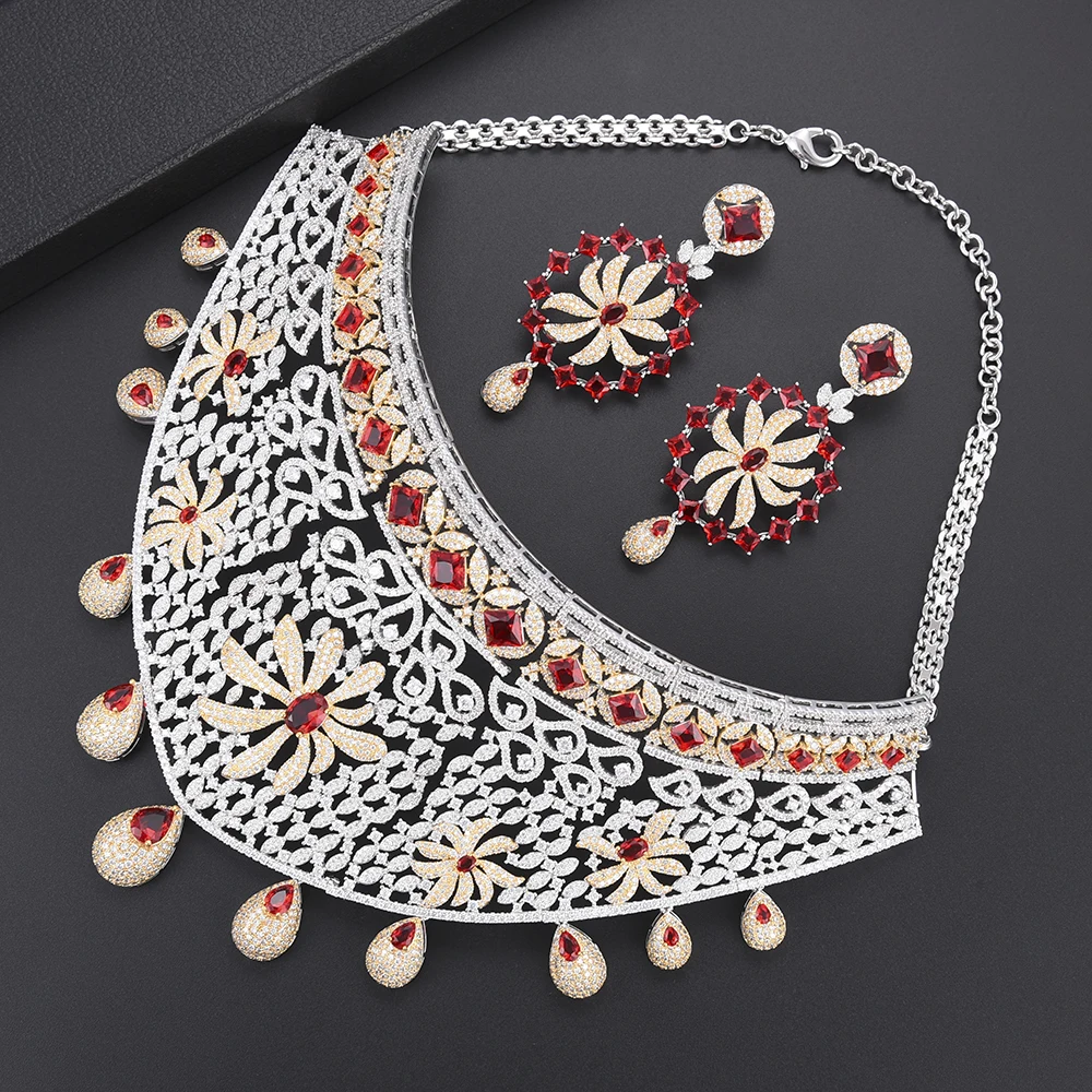 missvikki Vintage New Fashion Women's Jewelry Red Austria Crystal Big Necklace Bangle Earrings Ring Set Charm Female | Украшения и