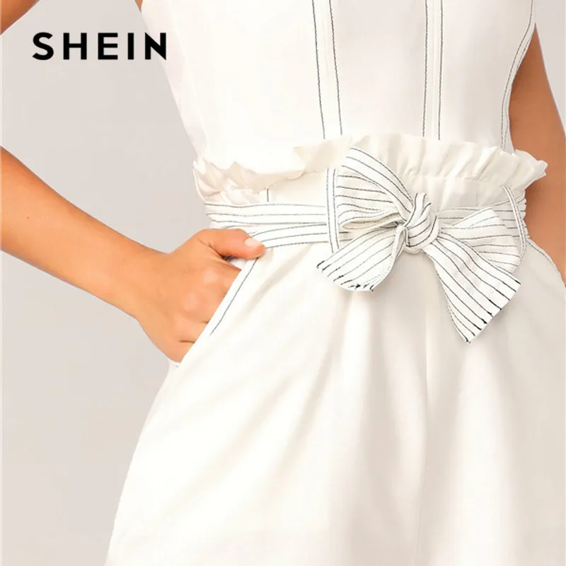 SHEIN контрастная стежка оборка отделка поясом белый комбинезон женский комбинезон без рукавов сексуальный Летний комбинезон средняя талия широкие брюки комбинезон