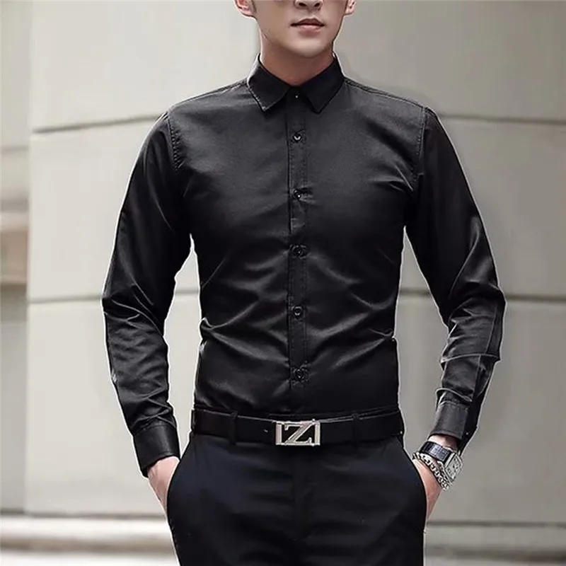 New Men's Fashion Solid Business Wedding Bridegroom Formal Slim Fit Shirts Male Groomsman Cotton Long Sleeves Basic Shirt | Мужская