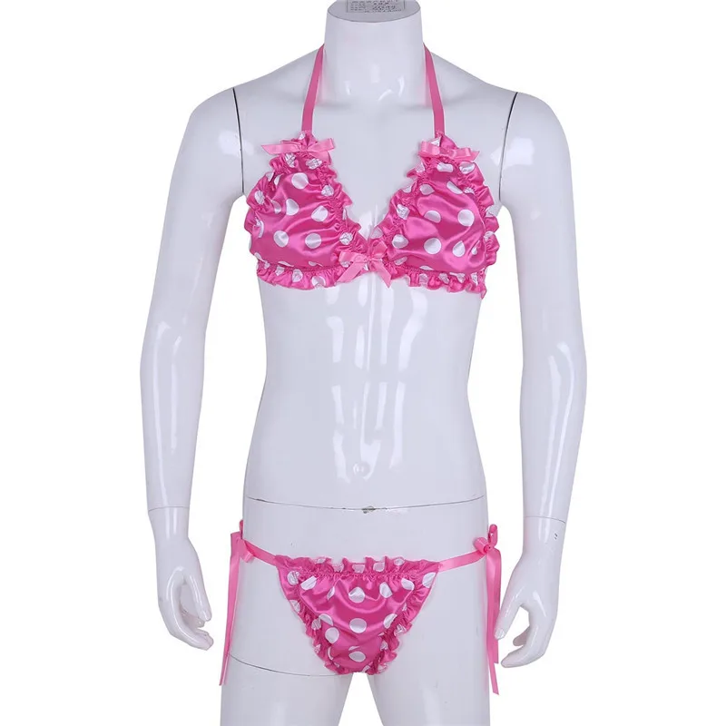 Мужской гофрированный Frilly Блестящий гладкий горошек Strappy Сисси набор белья бикини без косточек Холтер бюстгальтер топ с трусами нижнее белье
