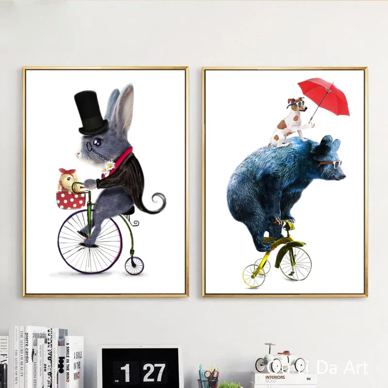 Без рамки мультфильм Животные медведь мышь ездить на велосипеде холст печать