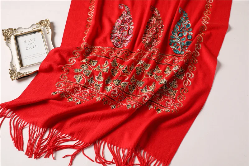 [Lakysilk] Новинка зимы Женский кашемировый шарф с цветочной вышивкой, теплые шарфы и шали для девушек, толстые пашмины высокого качества