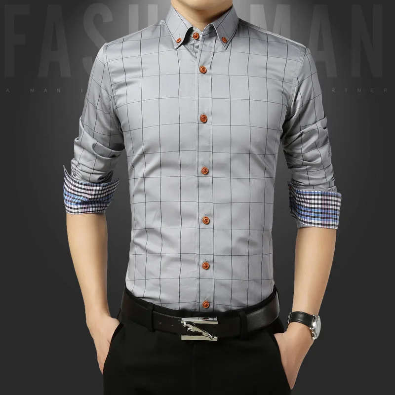 100% Хлопок Плед Camisa Slim Fit Masculina Хаки Королевский Синий плюс Размер Человек Рубашки