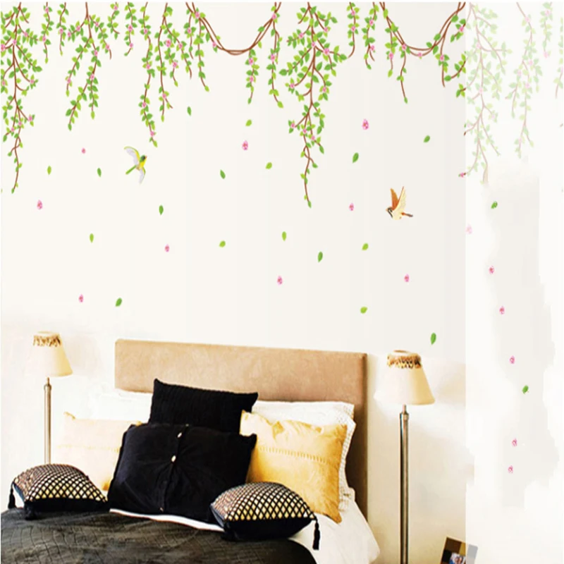 Большая наклейка с зелеными листьями и розовыми цветами виниловая настенная