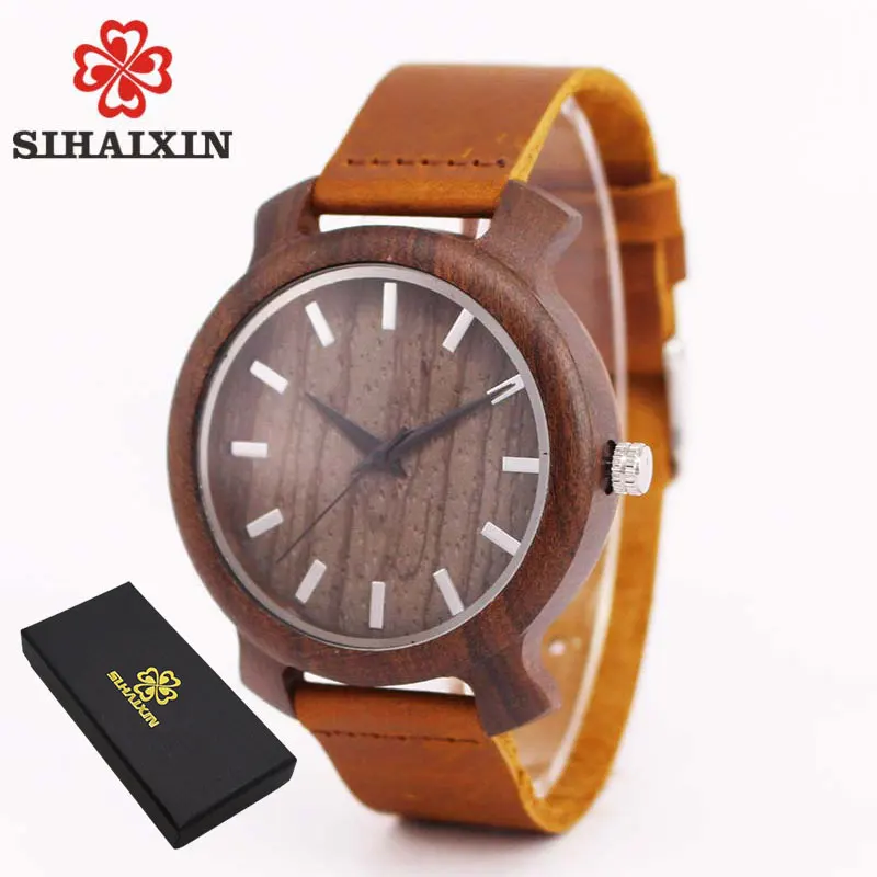 SIHAIXINwholesale ретро мужчин деревянные часы де бамбука кожаный ремешок Кварцевые