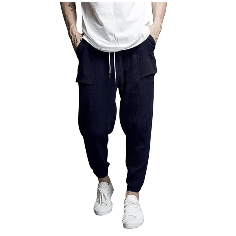 Dark Blue Новые мужские однотонные льняные повседневные брюки Лето Осенняя Спецодежда с карманами спортивные рабочие прямые повседневные брюки# E11 - Цвет: Dark Blue
