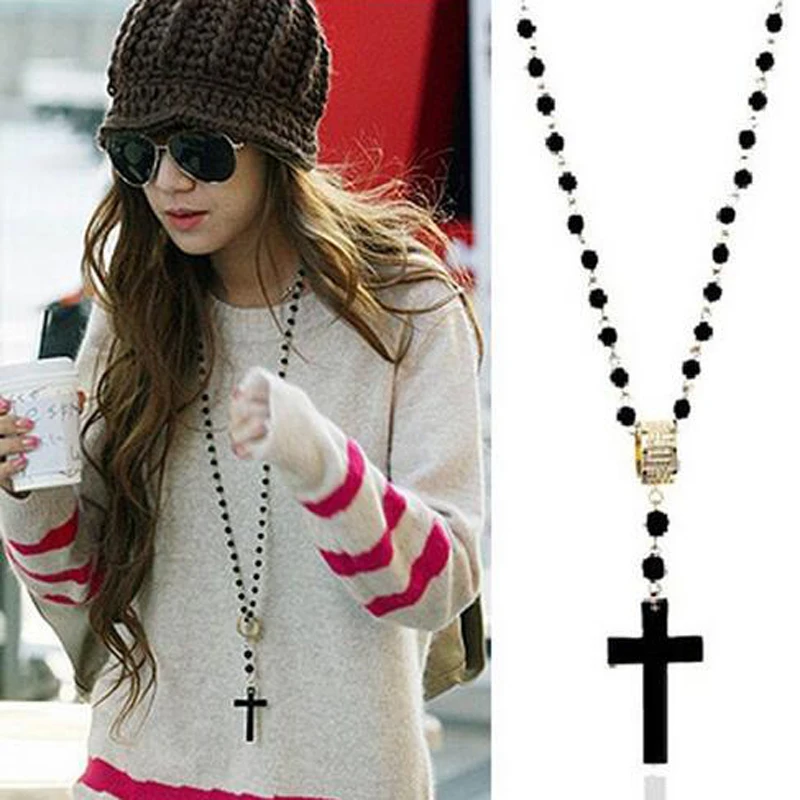 Fashion Long Black Beads Gold Chain Cross Pendant Statement Necklace Women Sweater Jewelry Accessories Gift | Украшения и